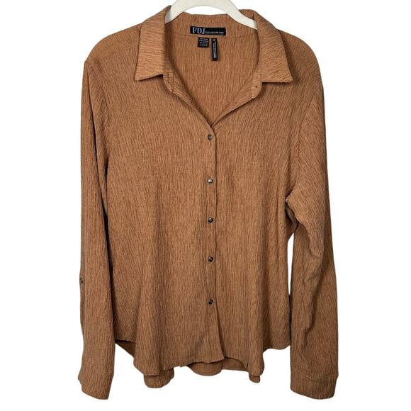 French Dressing Jeans Brown Roll Up Sleeve Crinkle Button Down Shirt Women's M - Picture 2 of 6